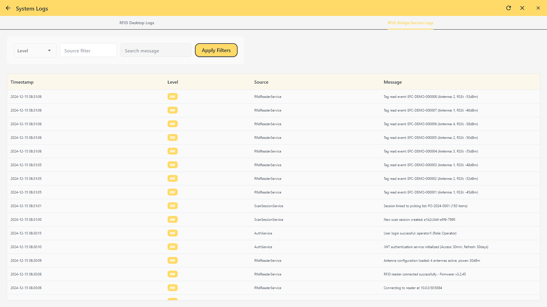 System Logs - RFID Bridge